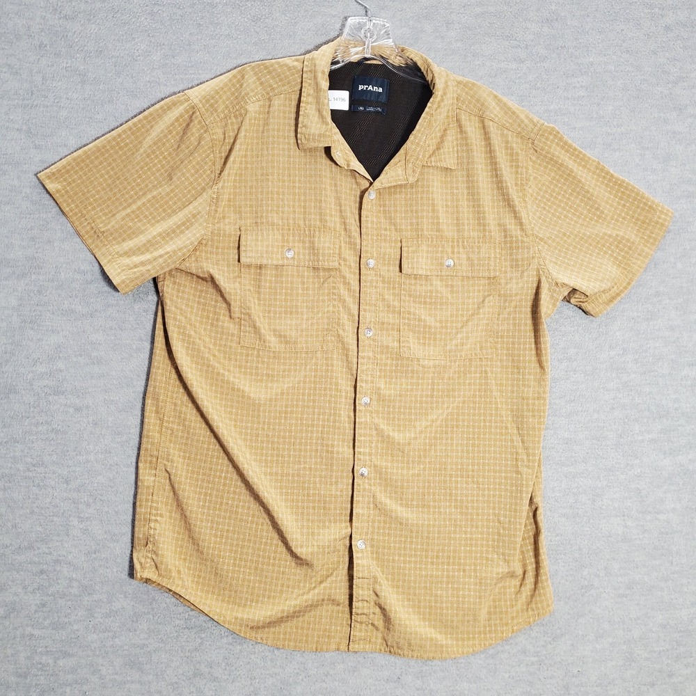 prAna Men Button Up Shirt Large Beige Plaid Pockets Mesh Short Sleeve Collar
